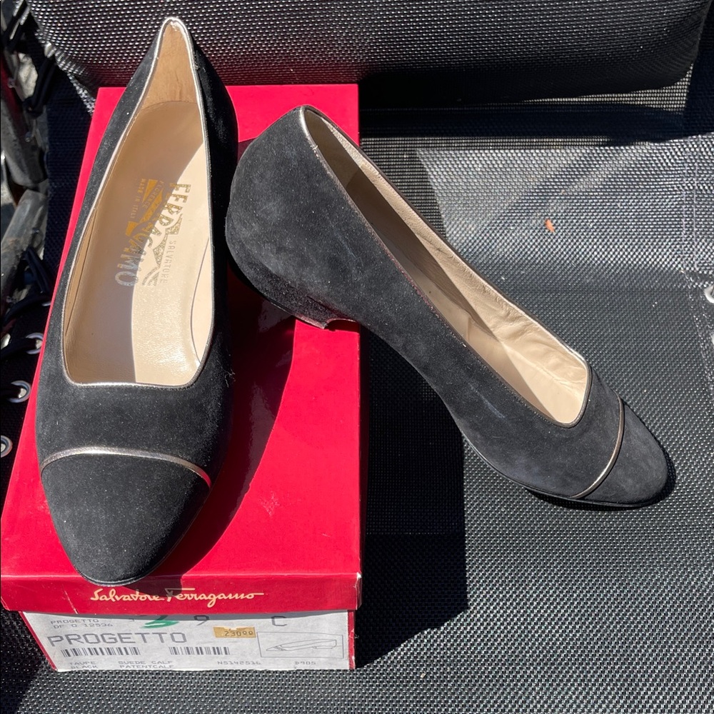 Salvatore Ferragamo Black Suede Flats with Gold Trim